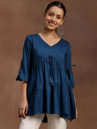 Blue Embroidered Silk Blend Short Kurta