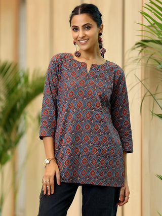 Blue Cotton Printed Short Kurta