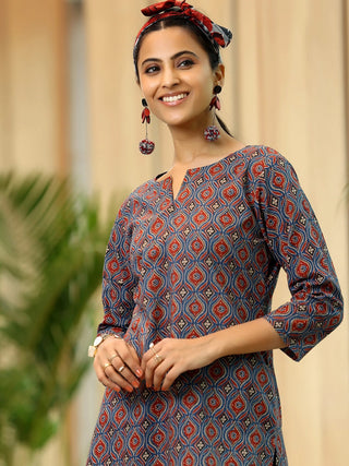 Blue Cotton Printed Short Kurta