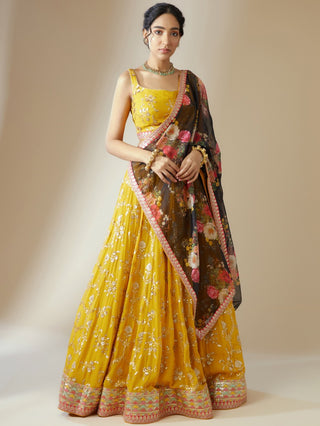 Yellow Georgette Zari Embroidered Lehenga Choli Set with Organza Dupatta