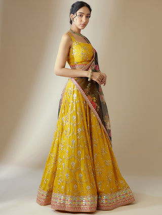 Yellow Georgette Zari Embroidered Lehenga Choli Set with Organza Dupatta