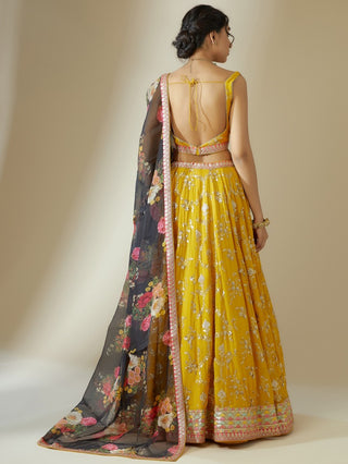 Yellow Georgette Zari Embroidered Lehenga Choli Set with Organza Dupatta