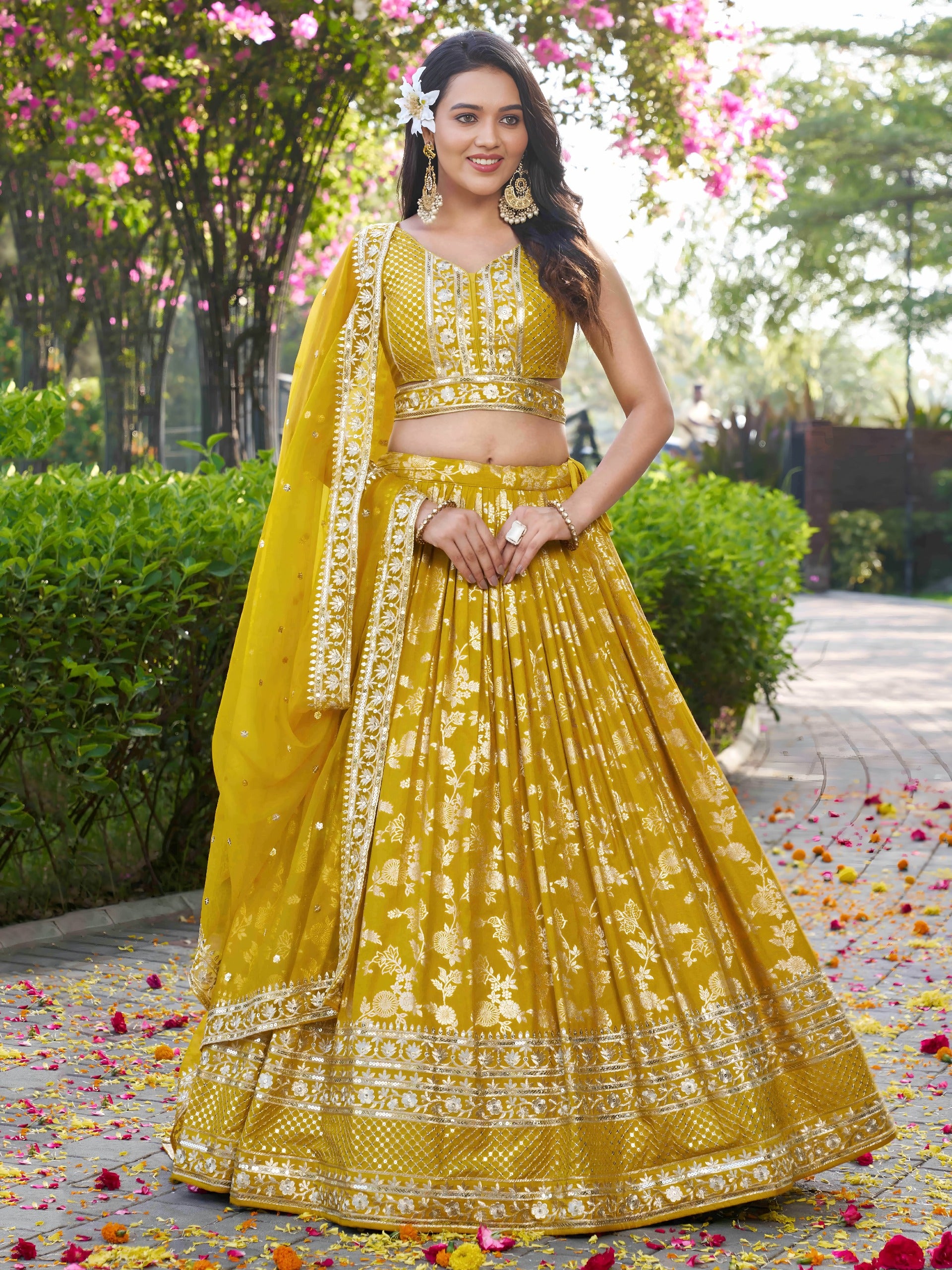 Yellow Silk Jacquard Zari Embroidered Lehenga Choli Set with Organza Dupatta