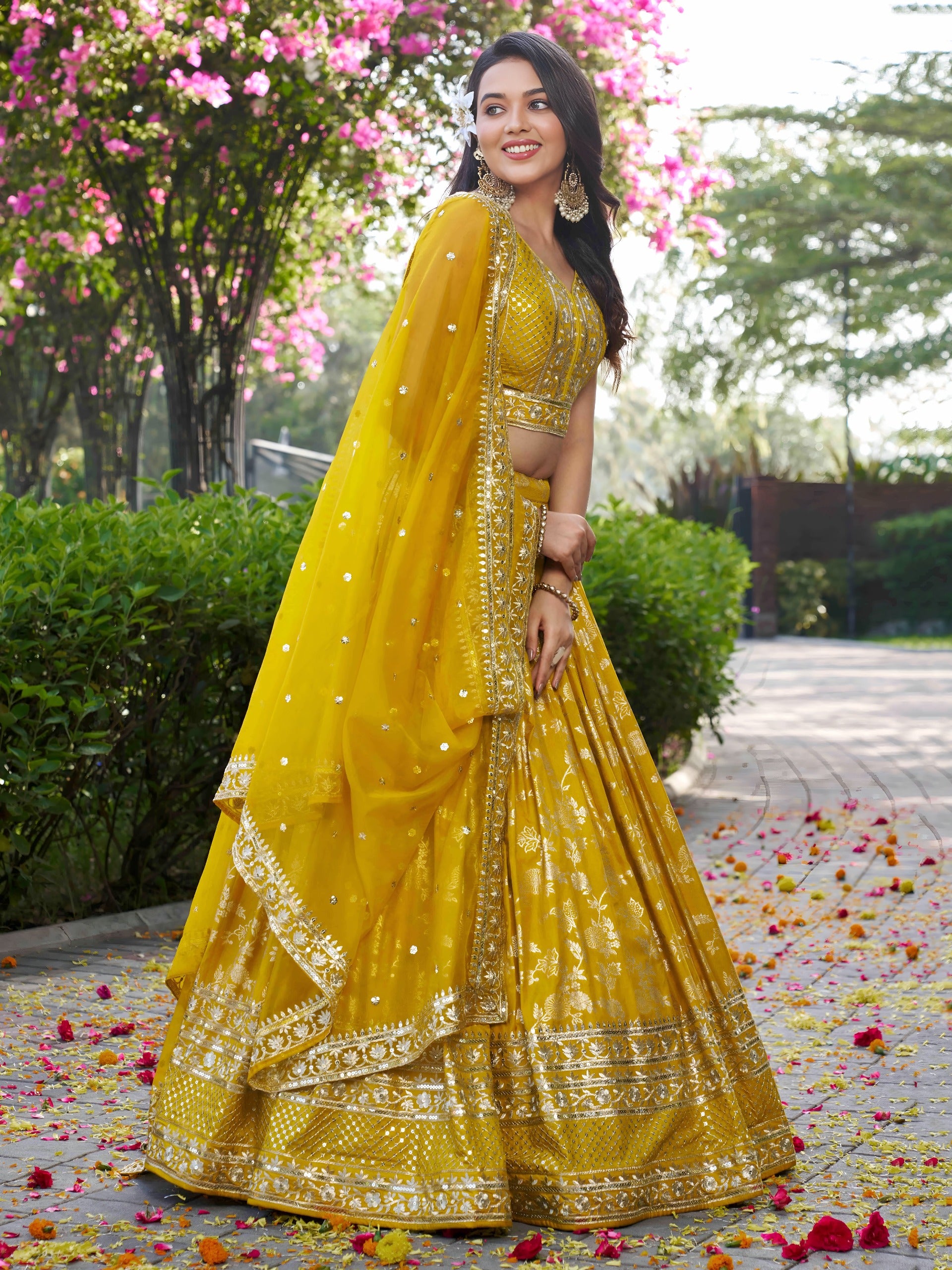 Yellow Silk Jacquard Zari Embroidered Lehenga Choli Set with Organza Dupatta