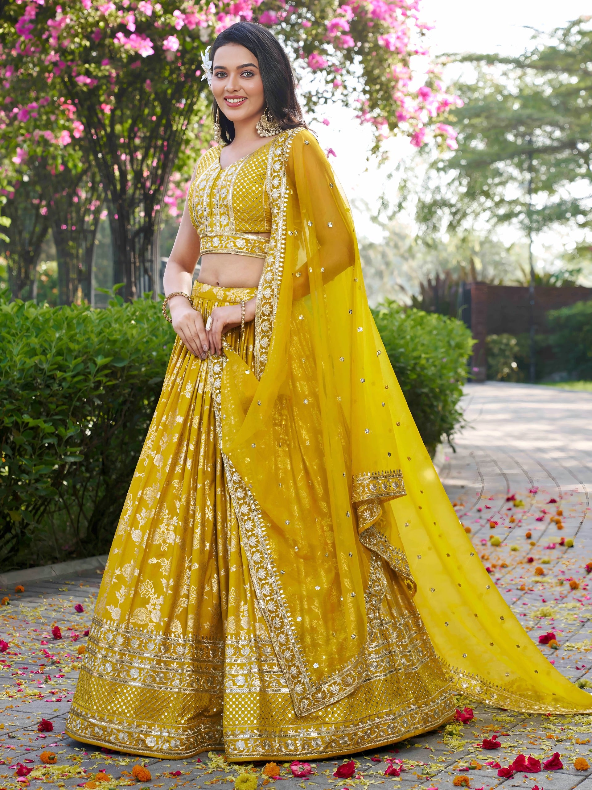 Yellow Silk Jacquard Zari Embroidered Lehenga Choli Set with Organza Dupatta