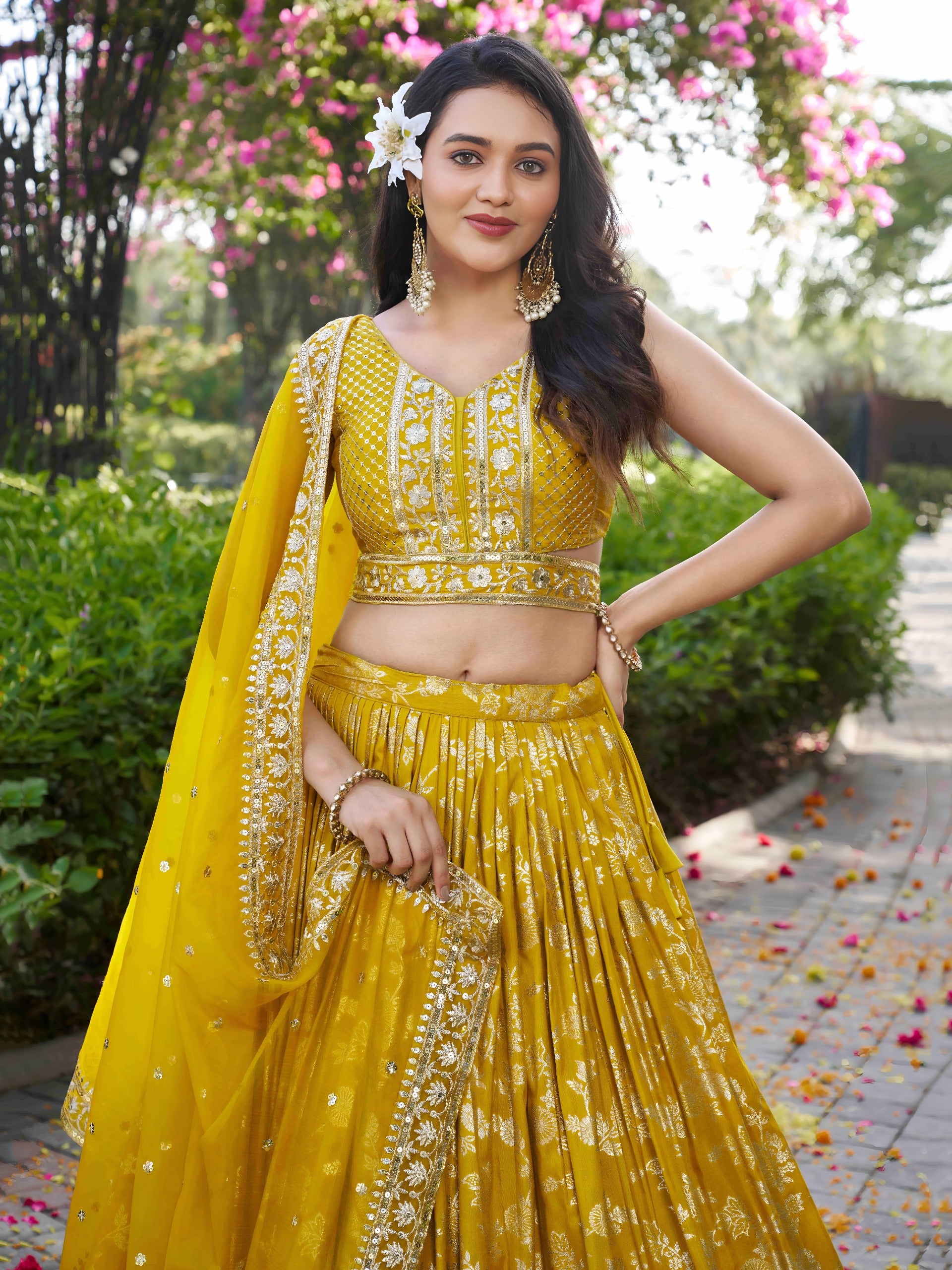 Yellow Silk Jacquard Zari Embroidered Lehenga Choli Set with Organza Dupatta
