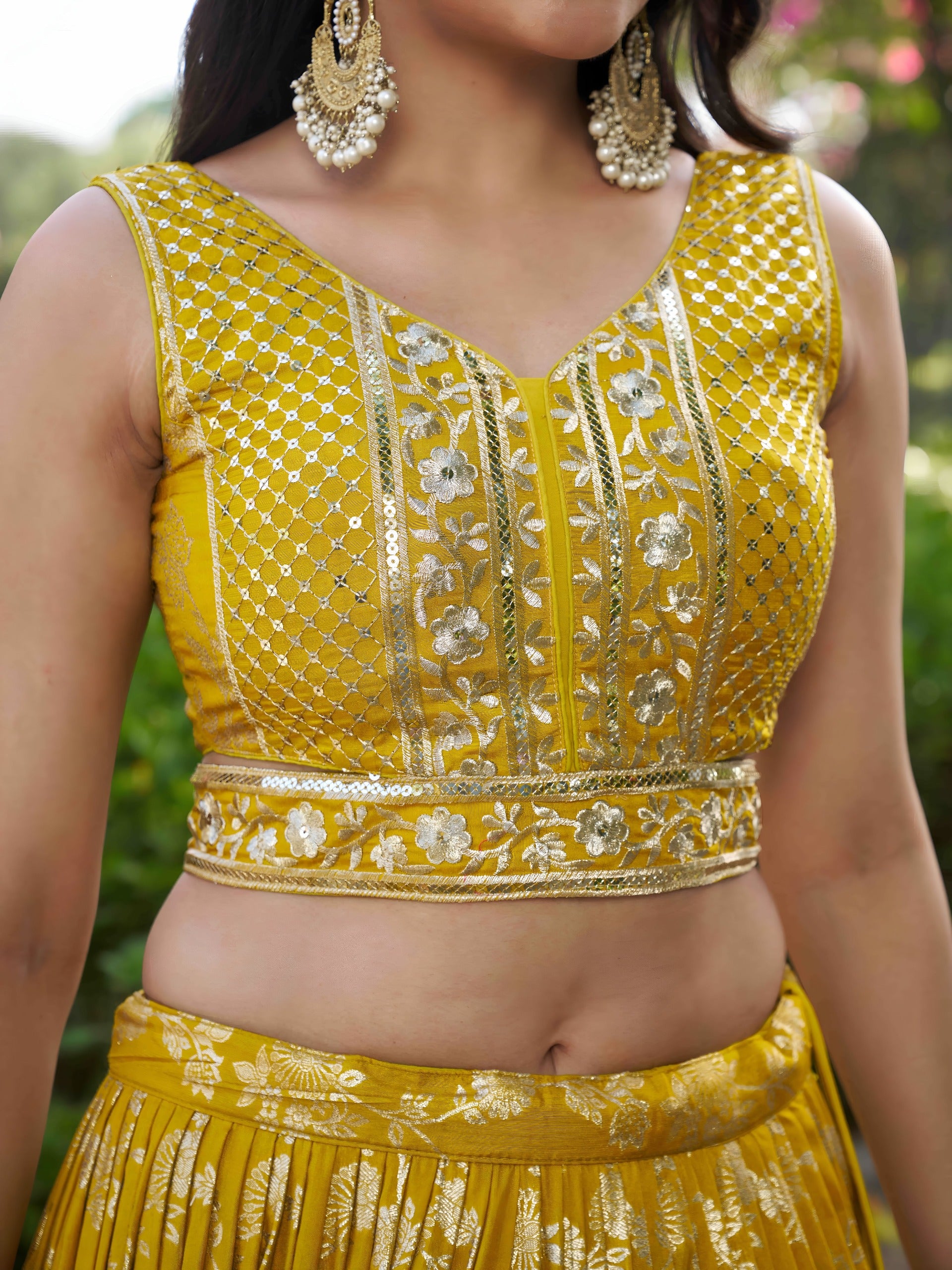 Yellow Silk Jacquard Zari Embroidered Lehenga Choli Set with Organza Dupatta