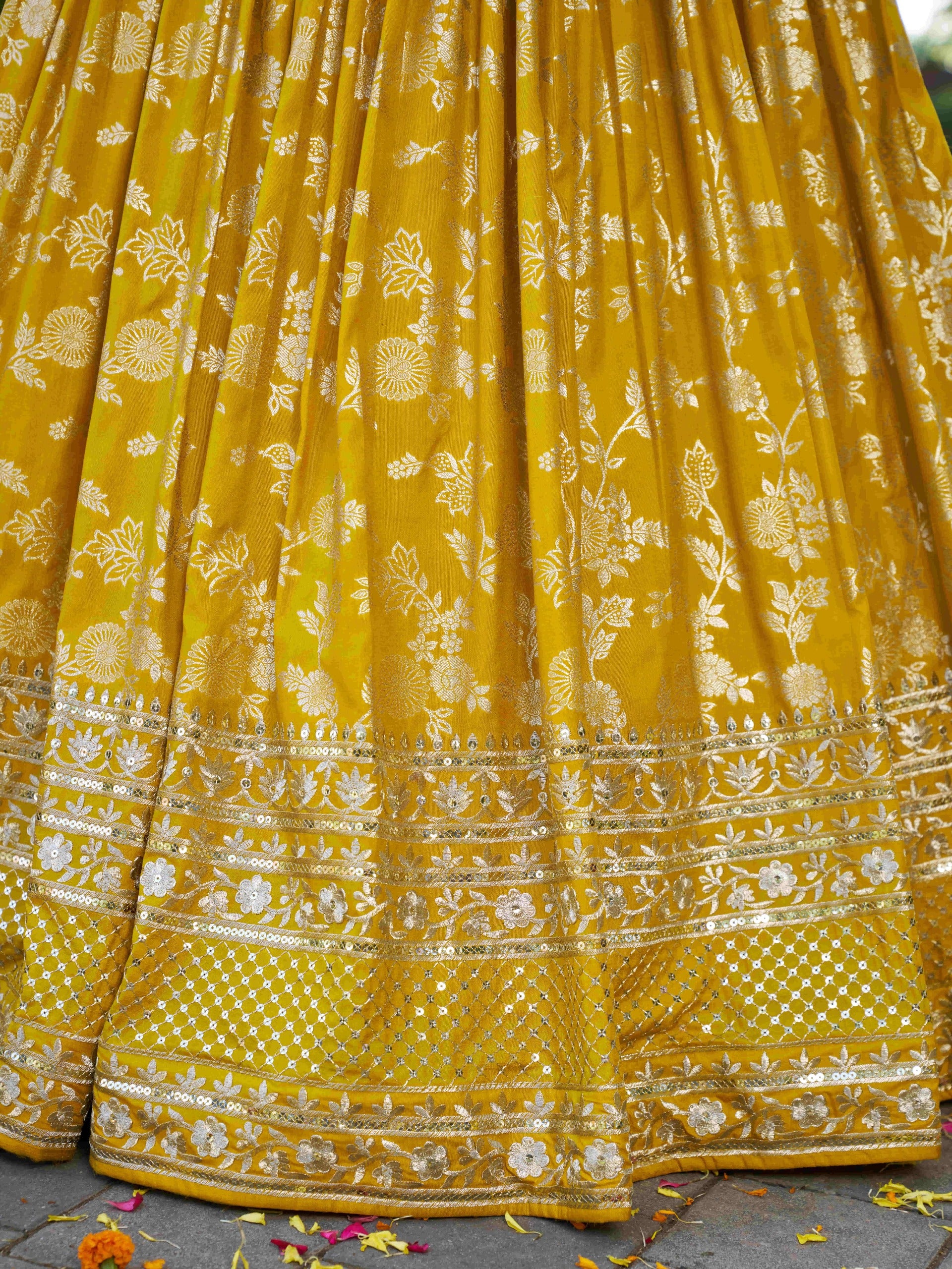 Yellow Silk Jacquard Zari Embroidered Lehenga Choli Set with Organza Dupatta
