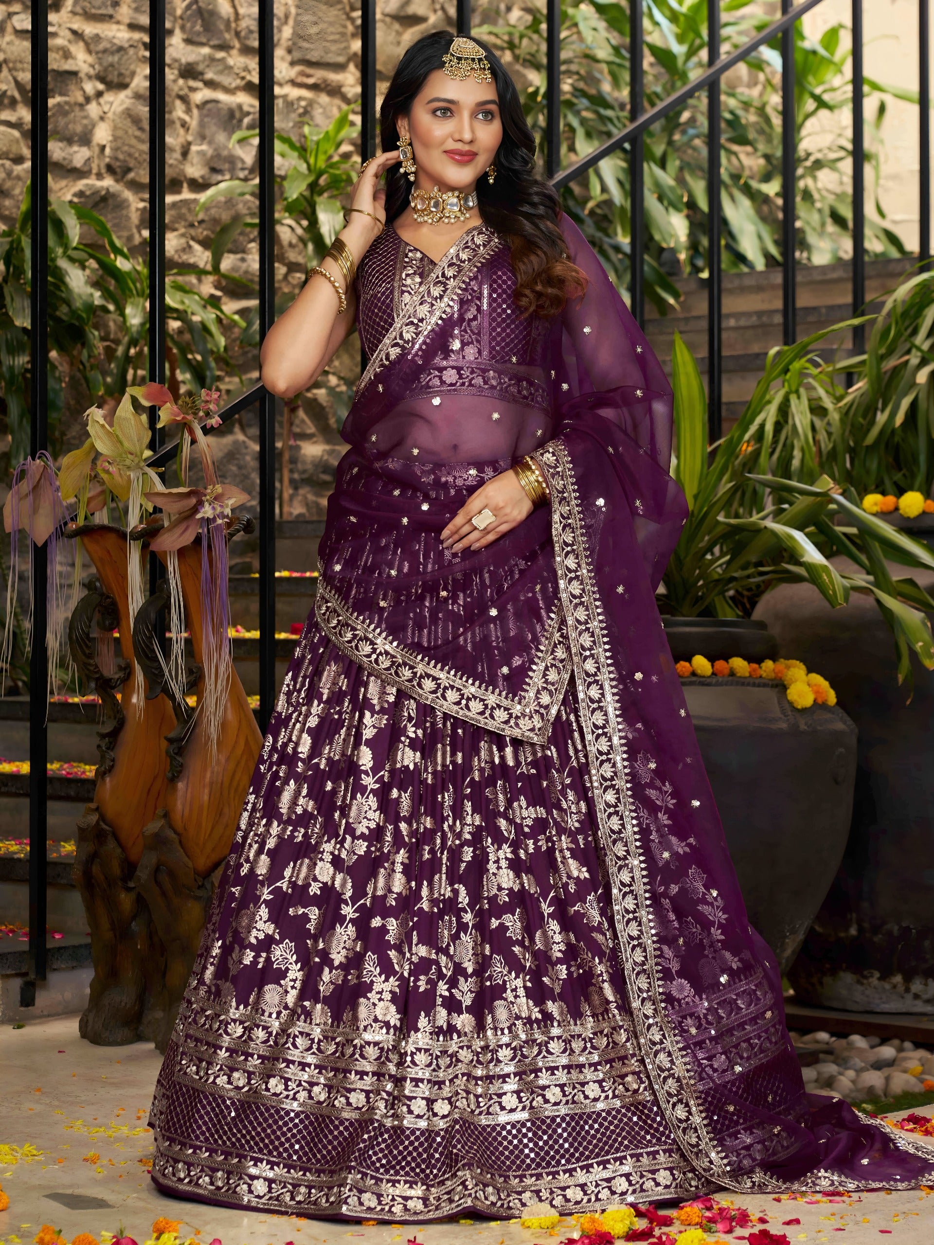 Wine Silk Jacquard Zari Embroidered Lehenga Choli Set with Organza Dupatta