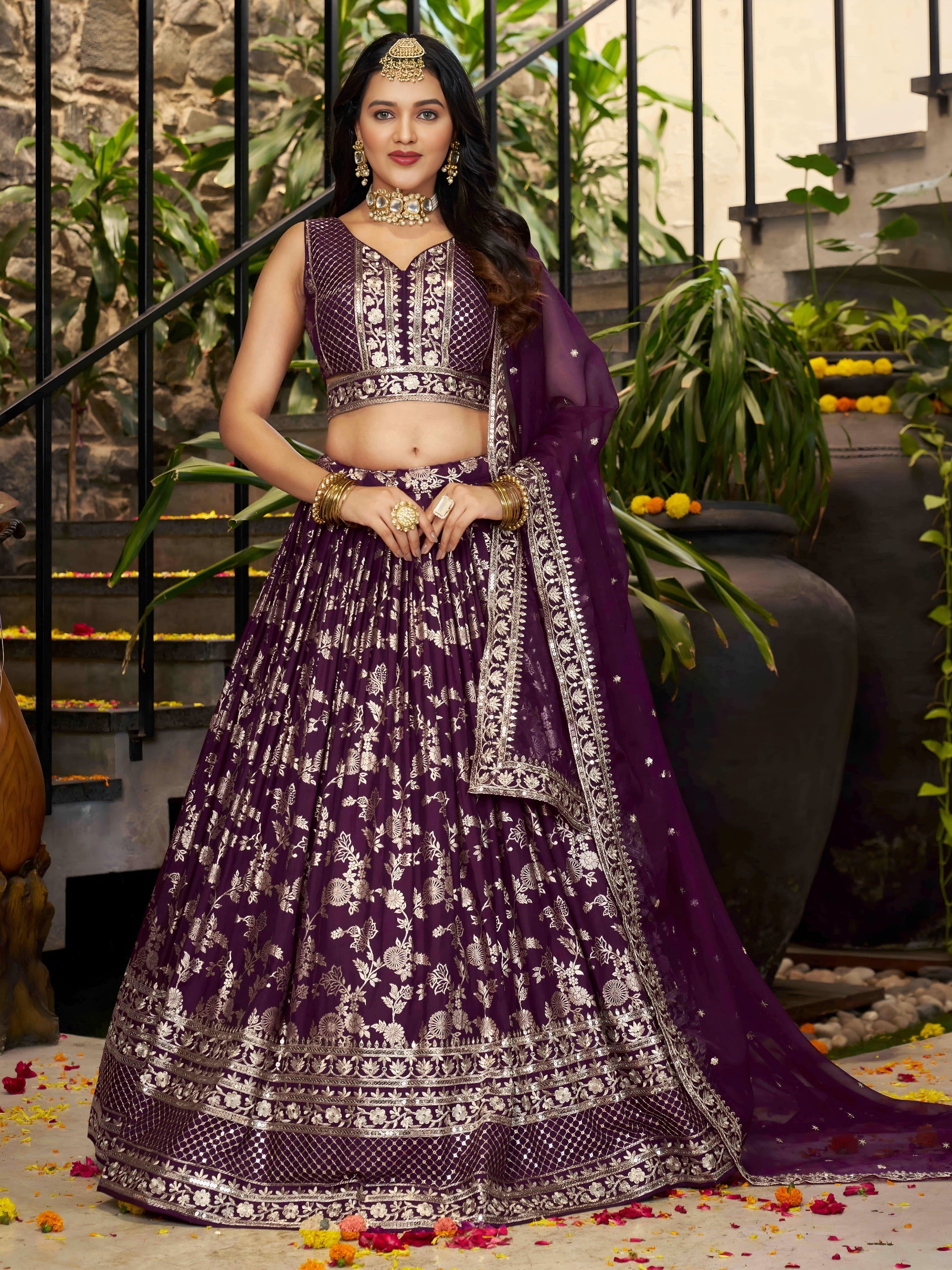 Wine Silk Jacquard Zari Embroidered Lehenga Choli Set with Organza Dupatta