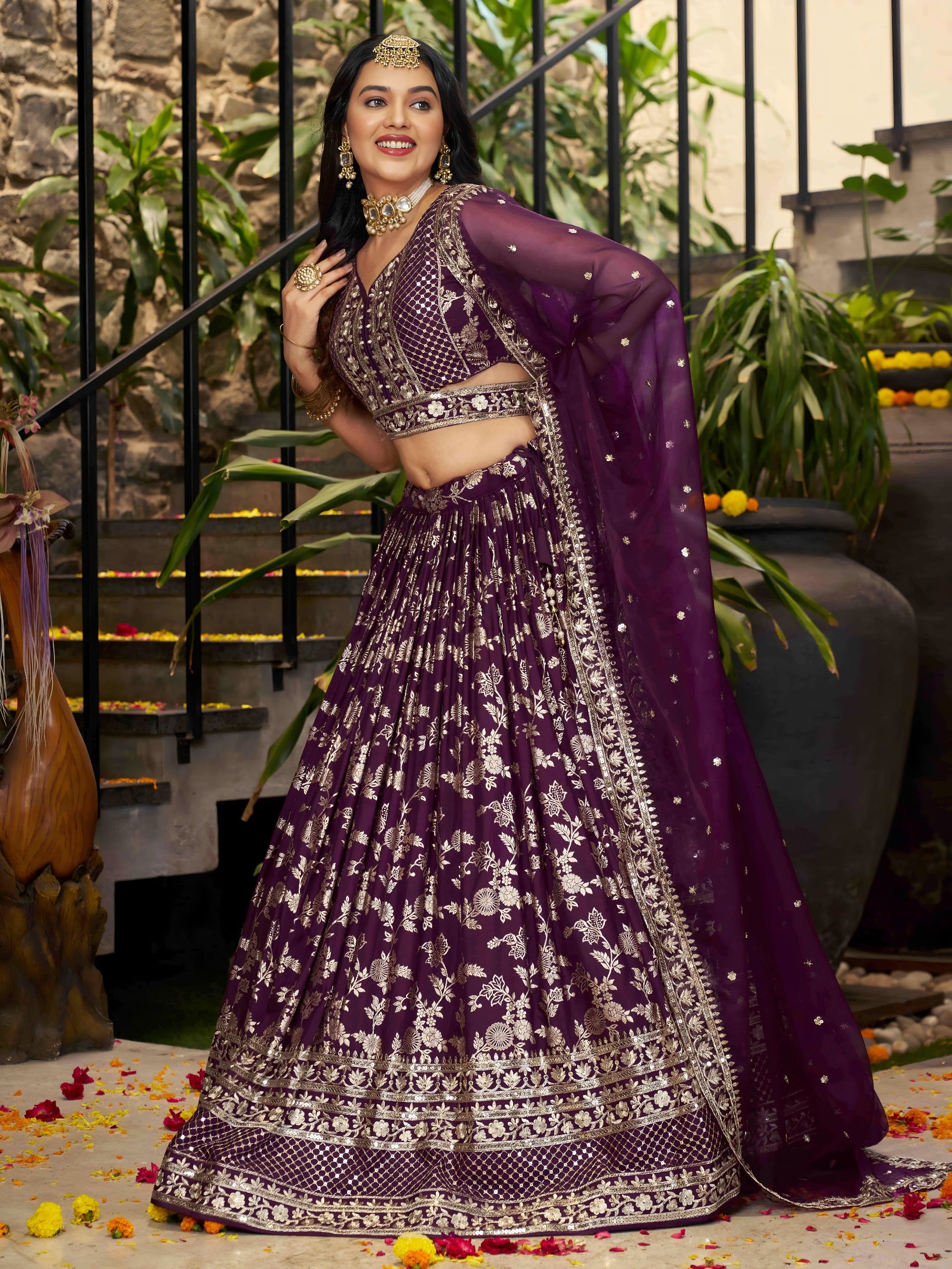 Wine Silk Jacquard Zari Embroidered Lehenga Choli Set with Organza Dupatta