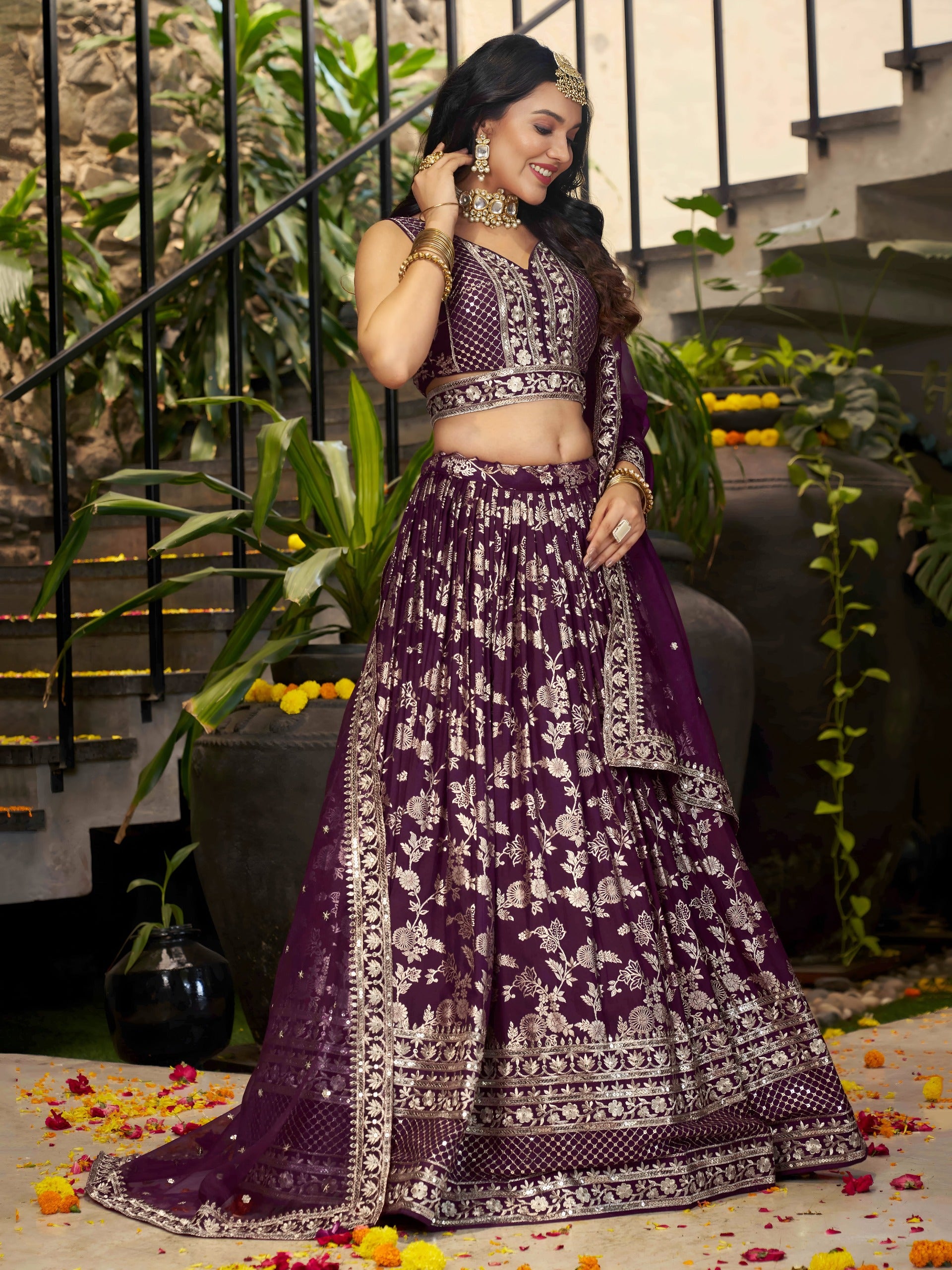 Wine Silk Jacquard Zari Embroidered Lehenga Choli Set with Organza Dupatta