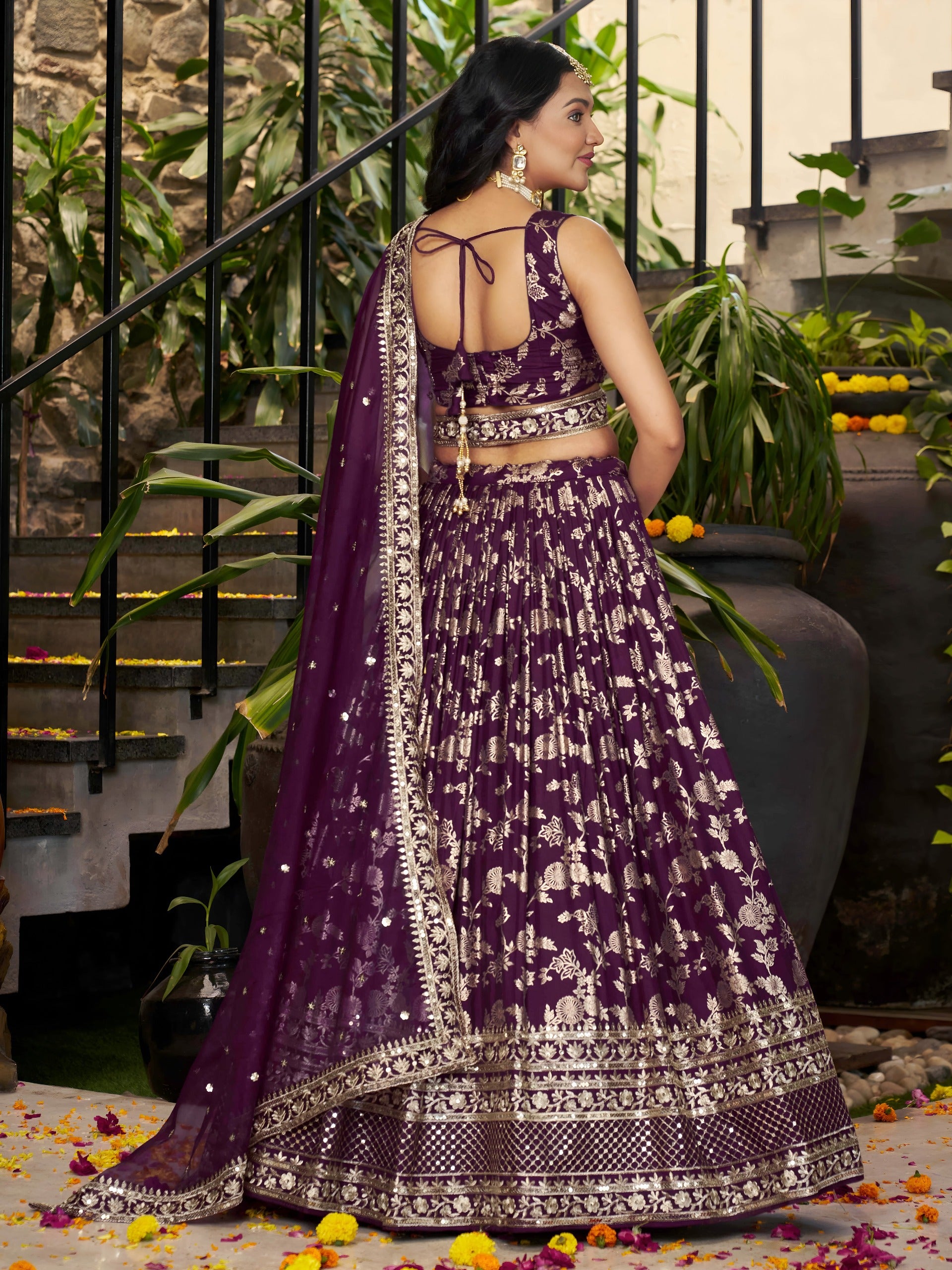 Wine Silk Jacquard Zari Embroidered Lehenga Choli Set with Organza Dupatta