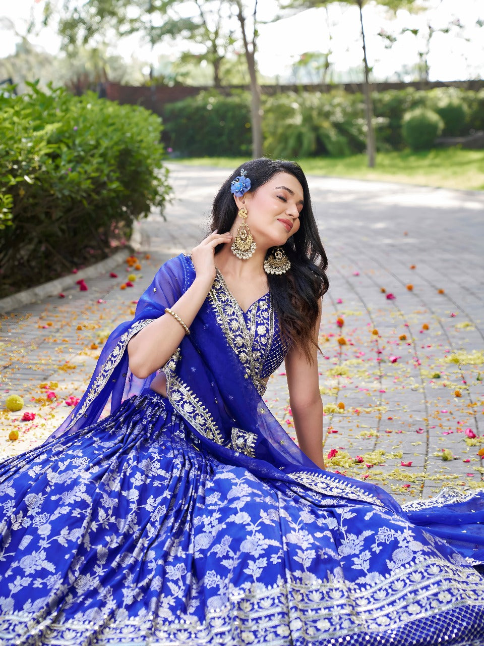 Blue Silk Jacquard Zari Embroidered Lehenga Choli Set with Organza Dupatta