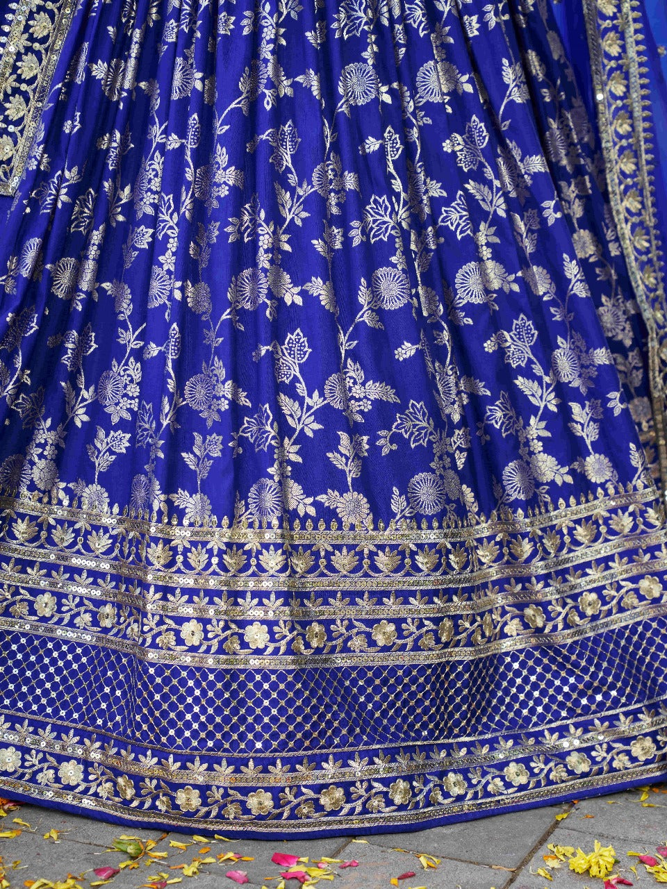 Blue Silk Jacquard Zari Embroidered Lehenga Choli Set with Organza Dupatta