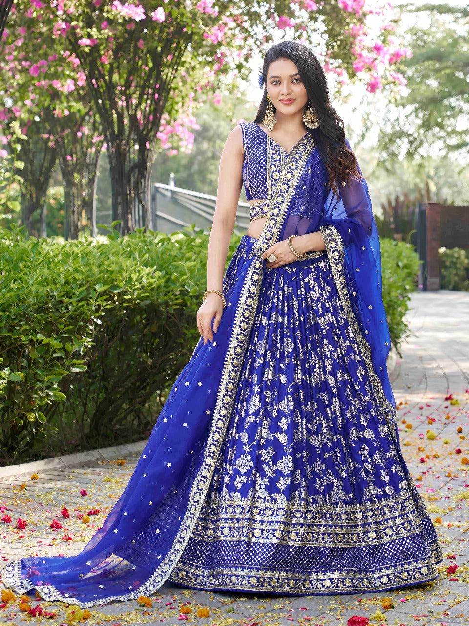 Blue Silk Jacquard Zari Embroidered Lehenga Choli Set with Organza Dupatta