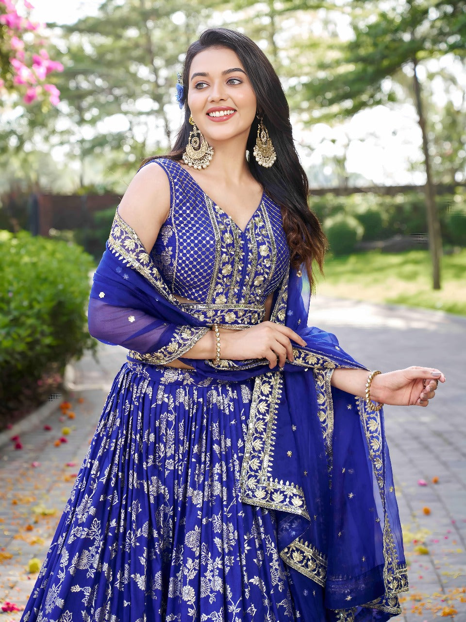 Blue Silk Jacquard Zari Embroidered Lehenga Choli Set with Organza Dupatta