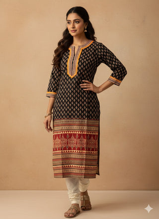 Black Cotton Printed Straight Shape Kurta with Beautiful Lace Work