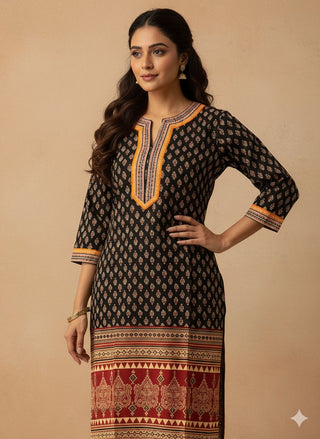 Black Cotton Printed Straight Shape Kurta with Beautiful Lace Work