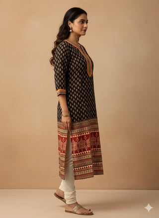 Black Cotton Printed Straight Shape Kurta with Beautiful Lace Work
