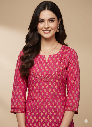 Pink Cotton Printed & Lace Detailing & Minimal Embroidered Straight Shape Kurta