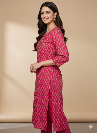 Pink Cotton Printed & Lace Detailing & Minimal Embroidered Straight Shape Kurta