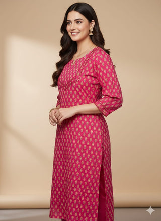 Pink Cotton Printed & Lace Detailing & Minimal Embroidered Straight Shape Kurta