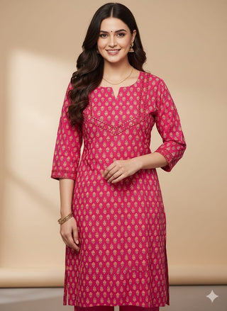 Pink Cotton Printed & Lace Detailing & Minimal Embroidered Straight Shape Kurta
