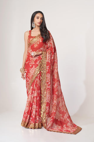 Red Organza Floral Print Saree