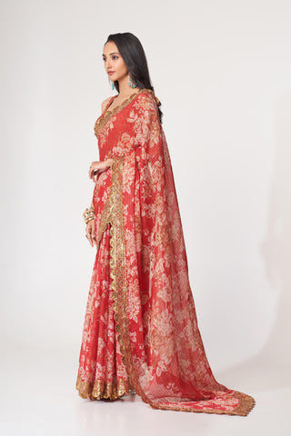 Red Organza Floral Print Saree