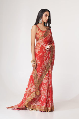 Red Organza Floral Print Saree