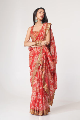 Red Organza Floral Print Saree