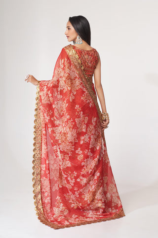 Red Organza Floral Print Saree