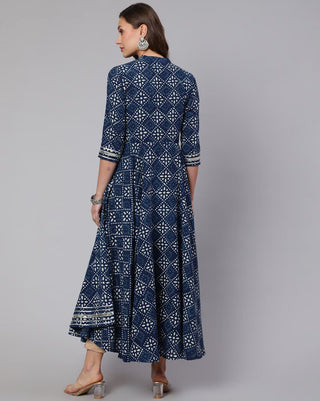 Blue Cotton Bandhani Print Angrakha Anarkali Kurta