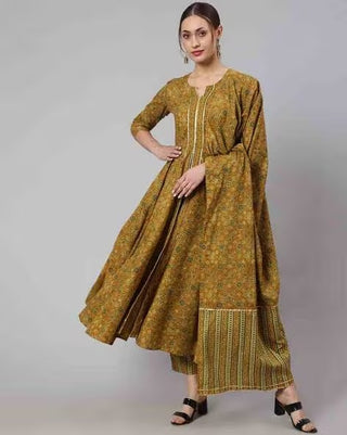 Mustard Cotton Ethnic Motif Printed Anarkali Set with Dupatta