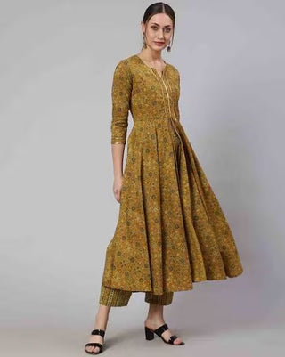 Mustard Cotton Ethnic Motif Printed Anarkali Set with Dupatta