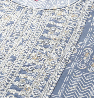 Blue Cotton Blend Abstract Print & Embroidered Suit Set with Dupatta