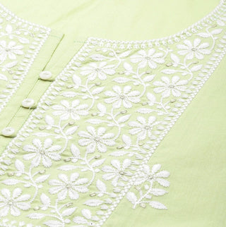 Lime Green Cotton Floral Embroidered Suit Set with Dupatta