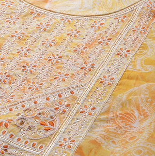 Yellow Cotton Blend Floral Print & Embroidered Suit Set with Dupatta