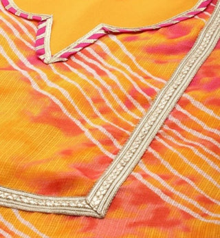 Orange Cotton Blend Bandhani Print Suit Set with Silk Chiffon Dupatta