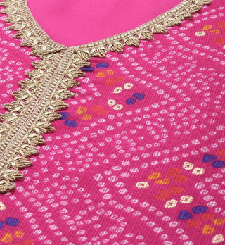 Pink Cotton Blend Bandhani Print Suit Set with Silk Chiffon Dupatta