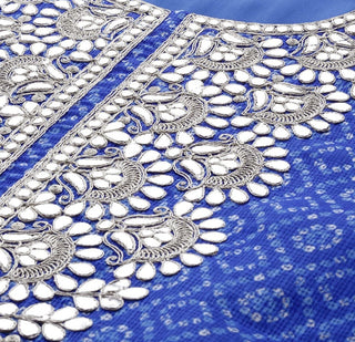 Blue Cotton Blend Bandhani Print & Embroidery Detailing Suit Set with Silk Chiffon Dupatta