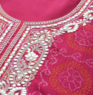 Pink Cotton Blend Bandhani Print & Gota Yoke Embroidery Detailing Suit Set with Silk Chiffon Dupatta