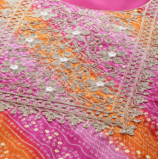 Pink Cotton Blend Foil Print, Bandhani & Zari Embroidered Suit Set with Silk Chiffon Dupatta