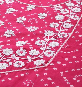 Pink Cotton Bandhani Print & Embroidered Straight Shape Suit Set with Silk Chiffon Dupatta