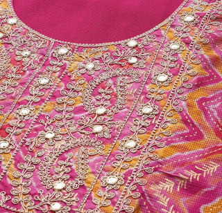 Pink & Cotton Blend Chevron Print & Embroidered Kurta with Solid Silk Blend Bottom & Silk Chiffon Dupatta