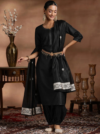 Black Cotton Straight Shape Suit Set with Dupatta