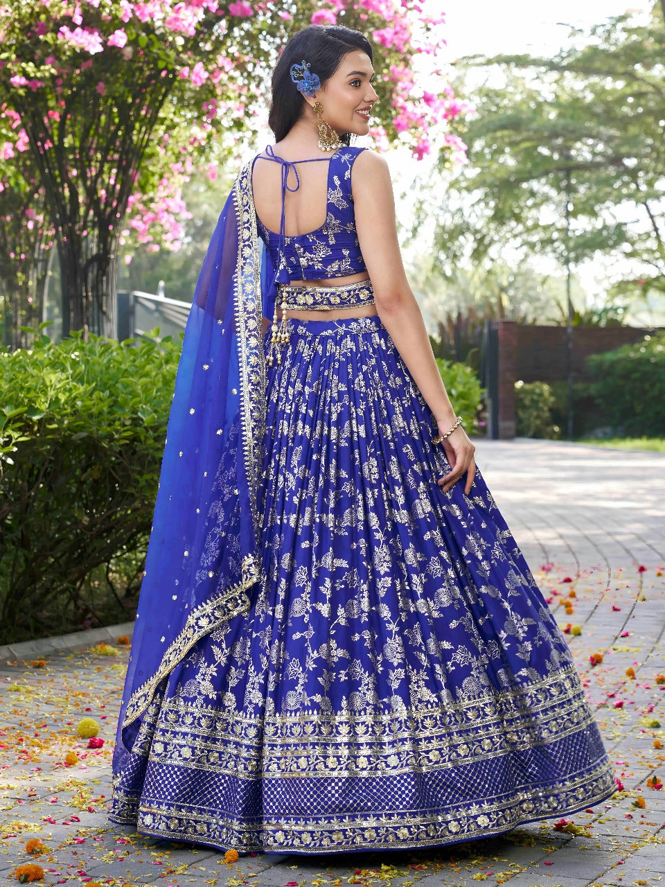 Blue Silk Jacquard Zari Embroidered Lehenga Choli Set with Organza Dupatta