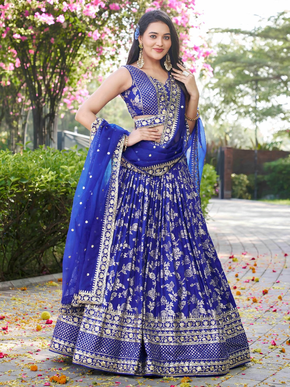 Blue Silk Jacquard Zari Embroidered Lehenga Choli Set with Organza Dupatta