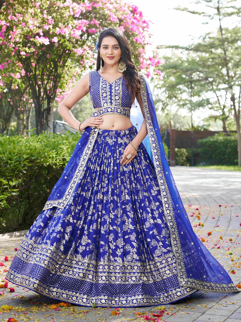 Blue Silk Jacquard Zari Embroidered Lehenga Choli Set with Organza Dupatta